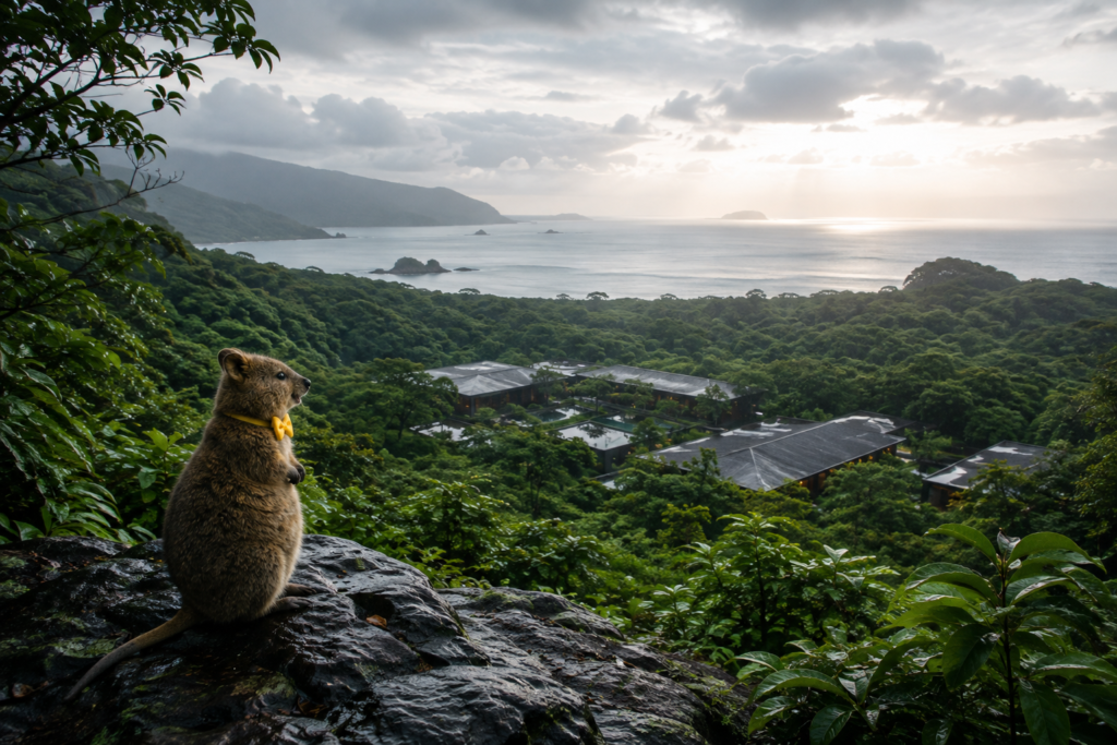 Yakushima forest and ocean atmosphere around a quiet luxury island resort.