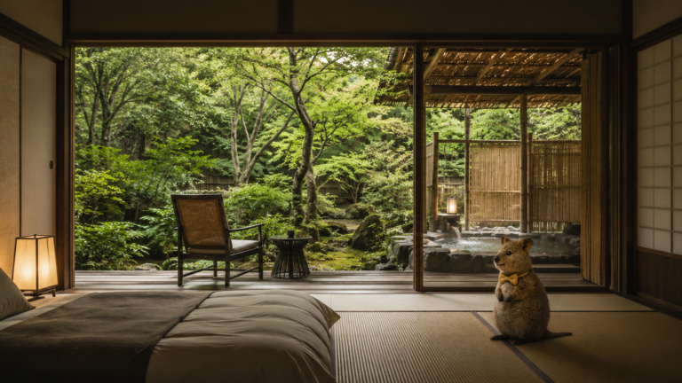 A serene guest room facing a forest garden.