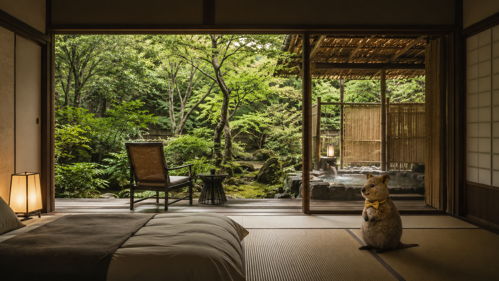 A serene guest room facing a forest garden.