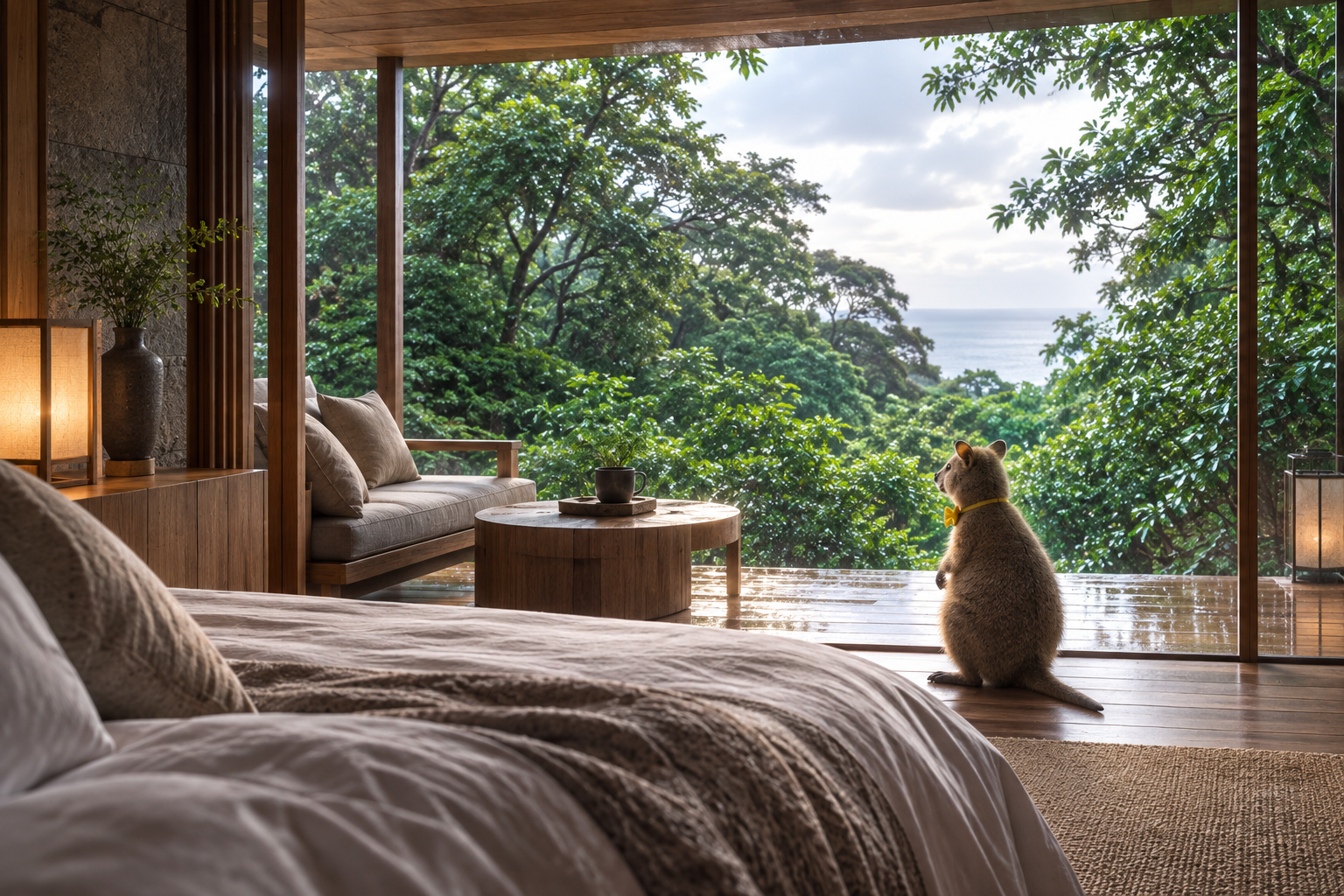 A quiet room perspective where forest and ocean light define the stay.