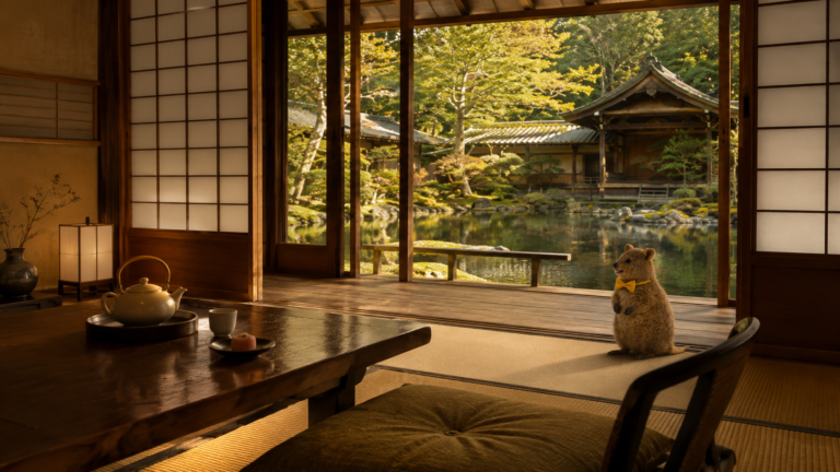 A quiet Asaba guest room arranged as a private place for looking outward toward garden, pond, or filtered natural light.