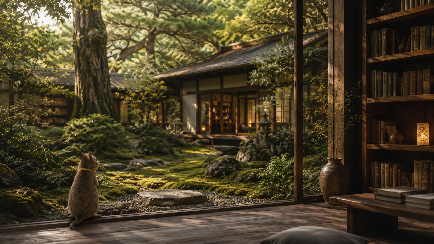 Forest garden and library stillness inside a quiet ryokan.