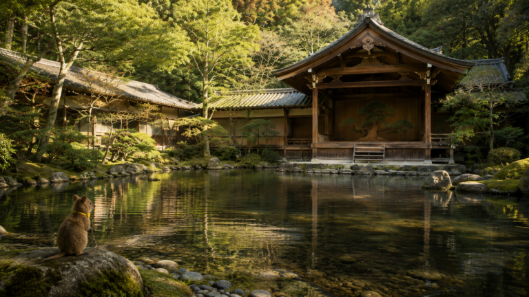 Gekkeiden and the surrounding architecture as a quiet cultural stage within the ryokan landscape.