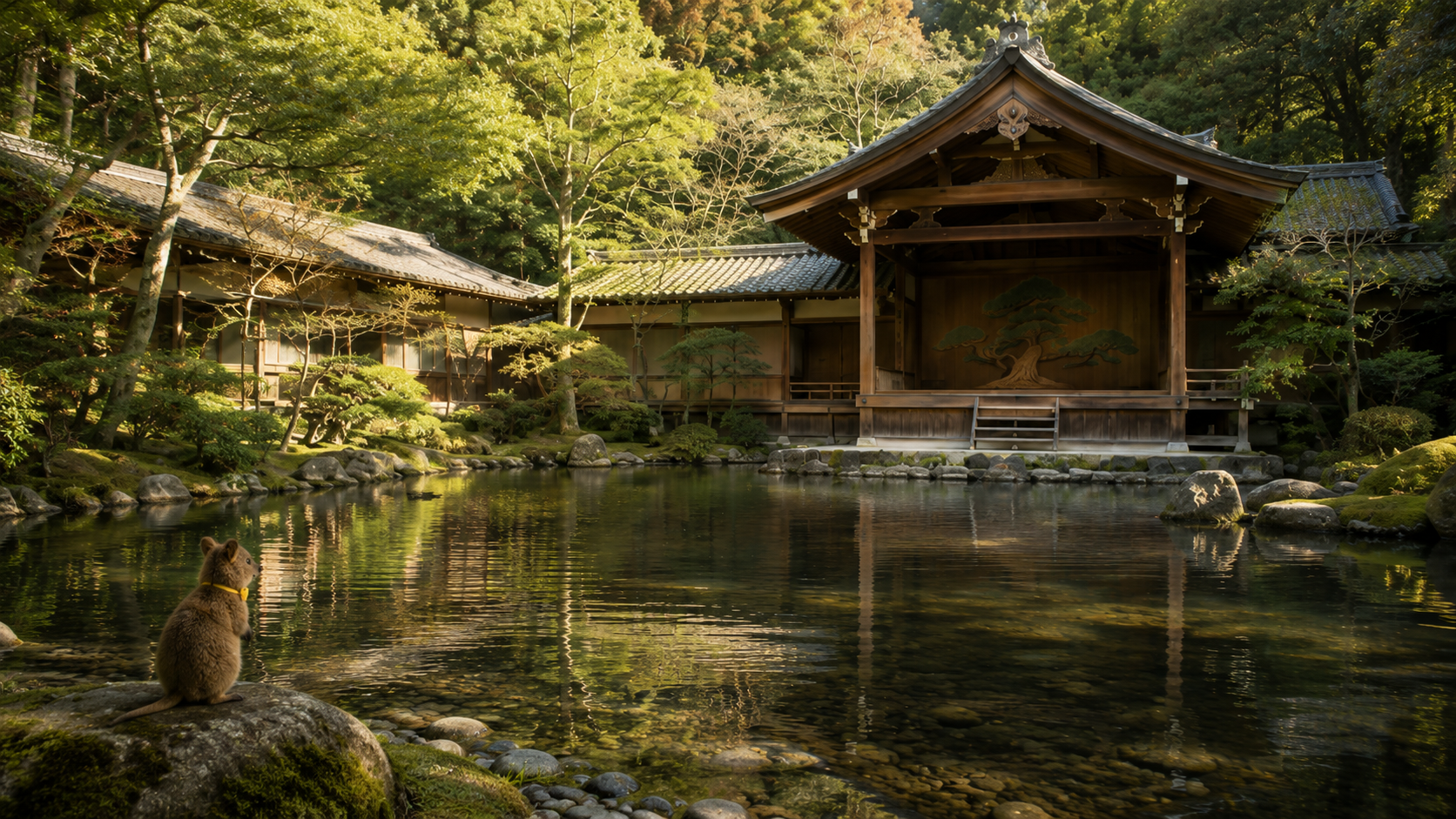 Gekkeiden and the surrounding architecture as a quiet cultural stage within the ryokan landscape.
