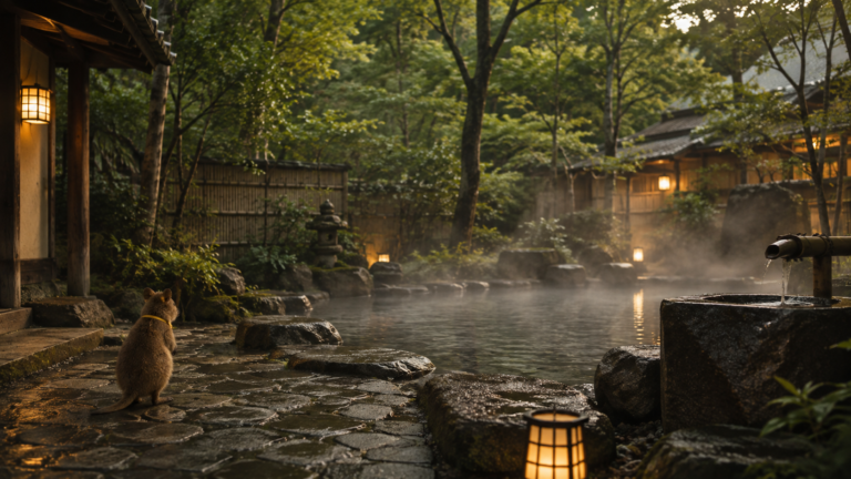 A tranquil onsen and spa courtyard connected to forest and stone.