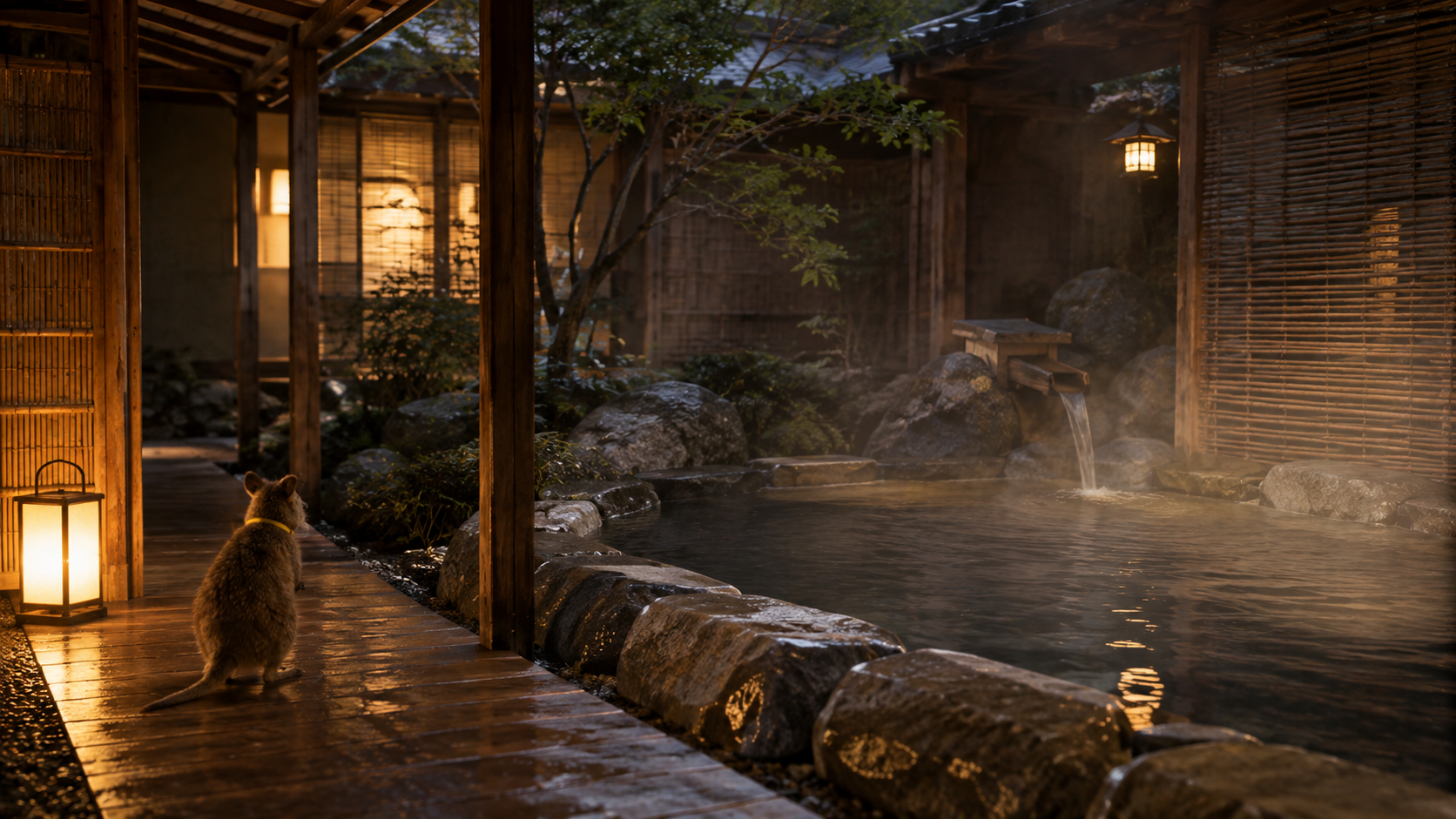 A quiet bathing scene or bath-adjacent passage that suggests the hours between dinner and morning at Asaba.
