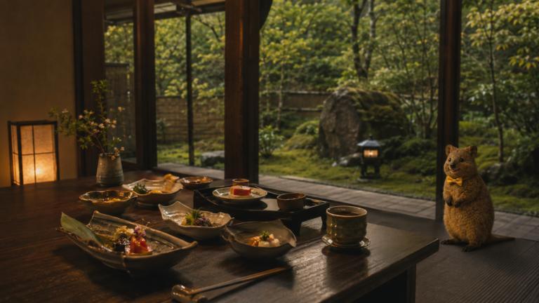 Kaiseki dining with the forest garden just beyond the table.
