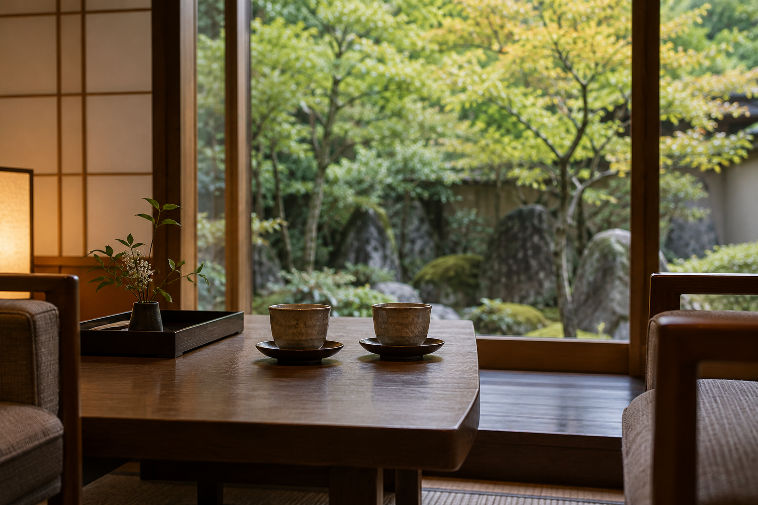Two cups in a quiet Japanese interior overlooking a garden
